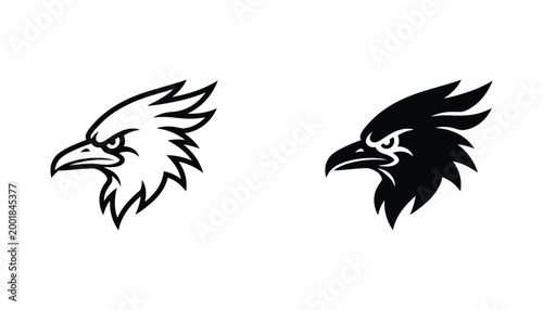 Raven head side profile mascot logo design with sharp feathers and aggressive gaze for sports team emblem or gothic brand identity featuring clean vector lines on a pure white background for use