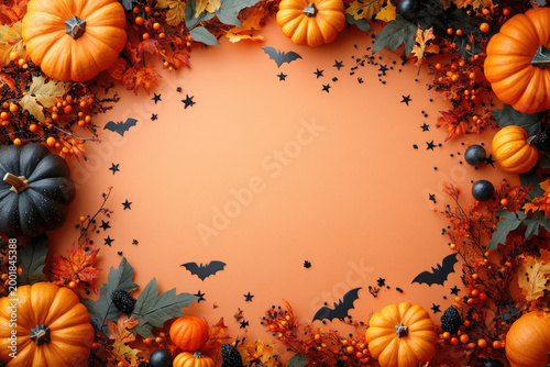 Spooky Autumn Confetti and Pumpkins Flat Lay Scene