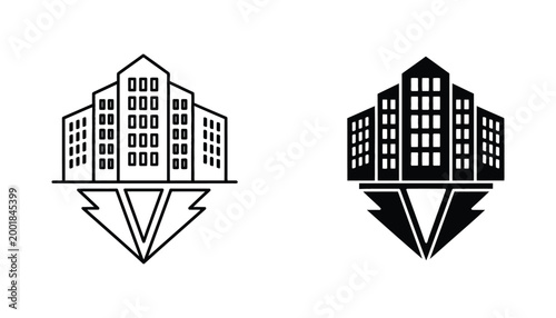 Modern city skyscraper building complex icon with lightning bolt negative space symbol for electrical company or tech infrastructure brand identity in clean vector line and solid black design style