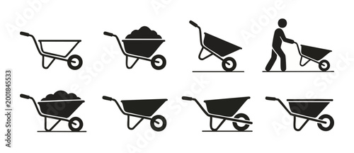 Wheelbarrow icon set, construction equipment and gardening tool vector symbols, flat black silhouette signs for site work, heavy labor, agriculture, landscaping, transportation, industrial machinery