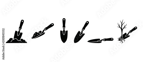 Garden Trowel Icon Set Hand Tool for Planting and Soil Cultivation Minimalist Black Silhouette Symbols Isolated on White Background for Agriculture, Landscaping, Horticulture and Home Gardening Projec