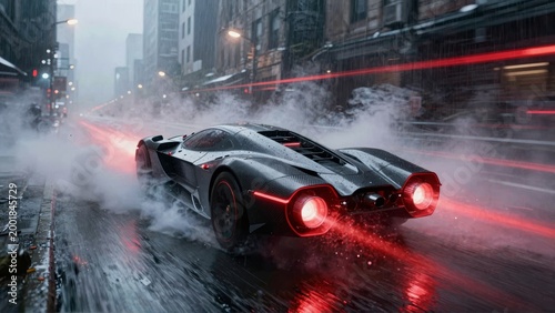 Futuristic Supercar Speeding on Wet City Street with Motion Blur