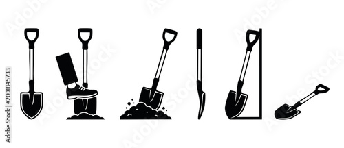 Shovel Icons Set, Gardening Tools and Construction Equipment Symbols, Black Silhouette Collection for Digging and Excavation Projects on White Background, Simple Flat Graphic Illustrations for Web Des