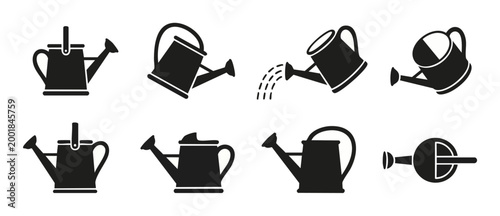 Watering Can Icon Set, Gardening Equipment Vector Symbols for Horticulture, Agriculture and Plant Care, Flat Black Silhouettes Isolated on White Background for Professional Web Design and Mobile App U
