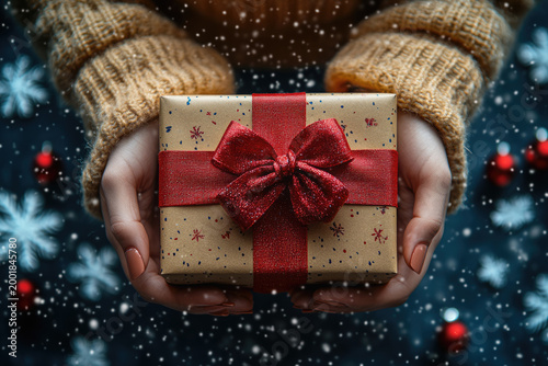 Flat Lay Holiday Scene with Red Bow and Gift Box