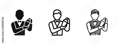 Bartender Mixing Cocktail Icon Set in Three Styles - Solid, Outline, and Hand Drawn