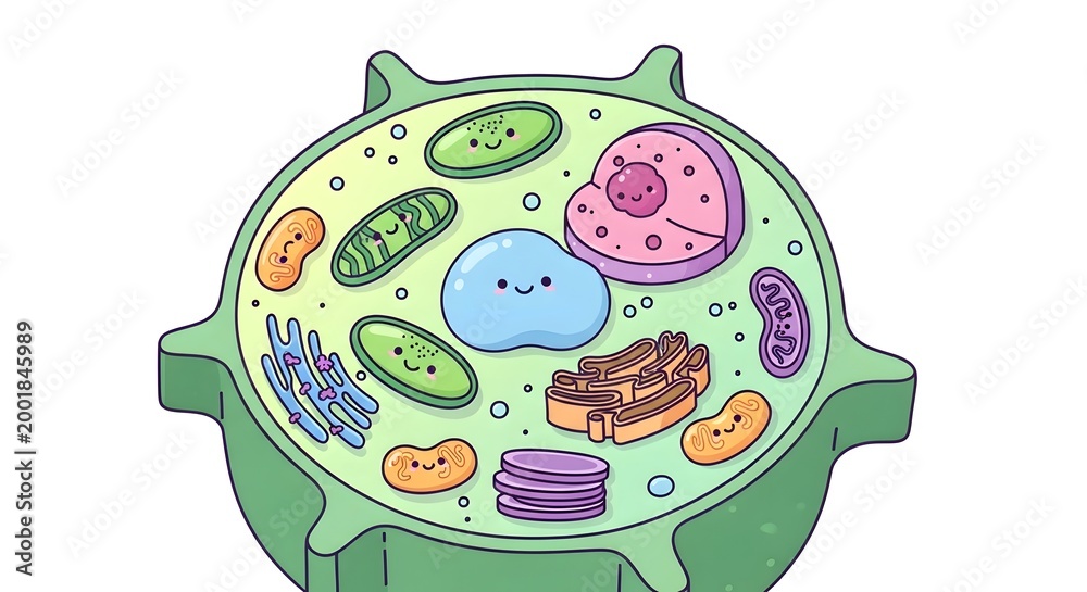 Fototapeta premium Cartoon illustration of a plant cell with labeled components on white