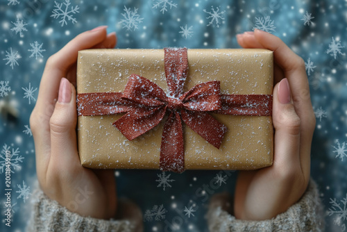 Woman’s Hands Holding Christmas Gift on Snowy Blue Background