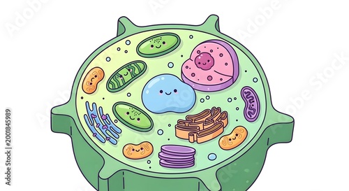 Cartoon illustration of a plant cell with labeled components on white