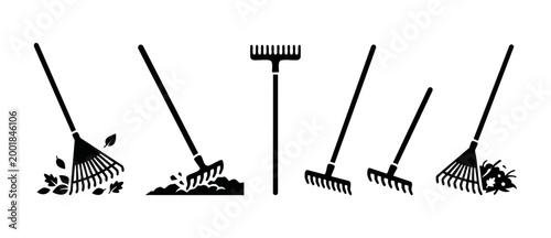 Garden Rake Icons Set for Yard Work and Autumn Leaf Cleanup. Professional black silhouette illustrations of raking tools for lawn maintenance, landscaping, agricultural equipment, and garden design.