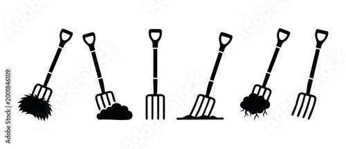 Garden Fork Tool Icons Set, Agricultural Pitchfork Silhouettes for Farming and Gardening, Various Tilling and Digging Positions for Yard Maintenance, Isolated Black Vectors on White Background