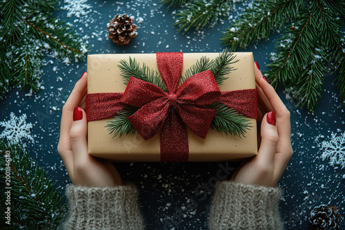 Holiday Banner Featuring Gift Box and Female Hands Against Blue Background