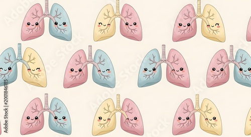 Cartoon lung illustrations repeating pattern with cheerful expressions