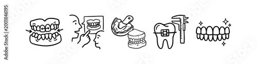 Set of hand-drawn dental and orthodontic icons showing malocclusion correction, dentist consultation, dental impressions, tooth measurement with braces, and a perfect white smile.