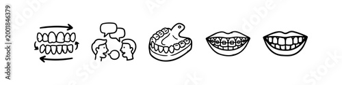 Hand-drawn dental icons featuring braces, teeth alignment, patient consultation, and dental models. Minimalist black and white line art for dentistry and orthodontics themes.
