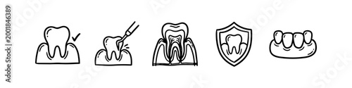 Hand-drawn dental icon set featuring healthy teeth, protection shield, anatomy, and treatment. Minimalist black and white doodle style for oral health, dentistry, and medical clinics.