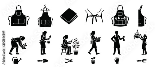 Gardening Apron Icon Set with People Working in Garden and Tools for Horticulture and Urban Farming Activities Vector Black Silhouette Illustrations Isolated on White Background