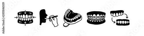 A set of hand-drawn black and white dental icons featuring orthodontic braces, teeth alignment, impressions, and tools. Ideal for medical, dentistry, and healthcare designs.