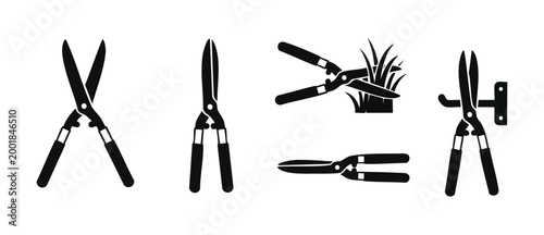 Grass Shears Icon Set - Hedge Trimmer Garden Tool Silhouettes for Landscaping, Gardening Maintenance, Professional Pruning, Agriculture Equipment, Vector Graphics and Minimalist Flat Design Symbols