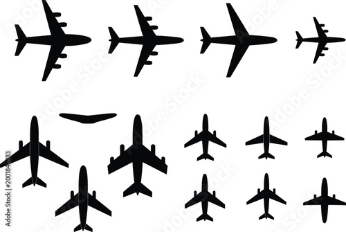 Airplane top view silhouettes set with jet aircraft airliner transport planes aviation icons isolated collection