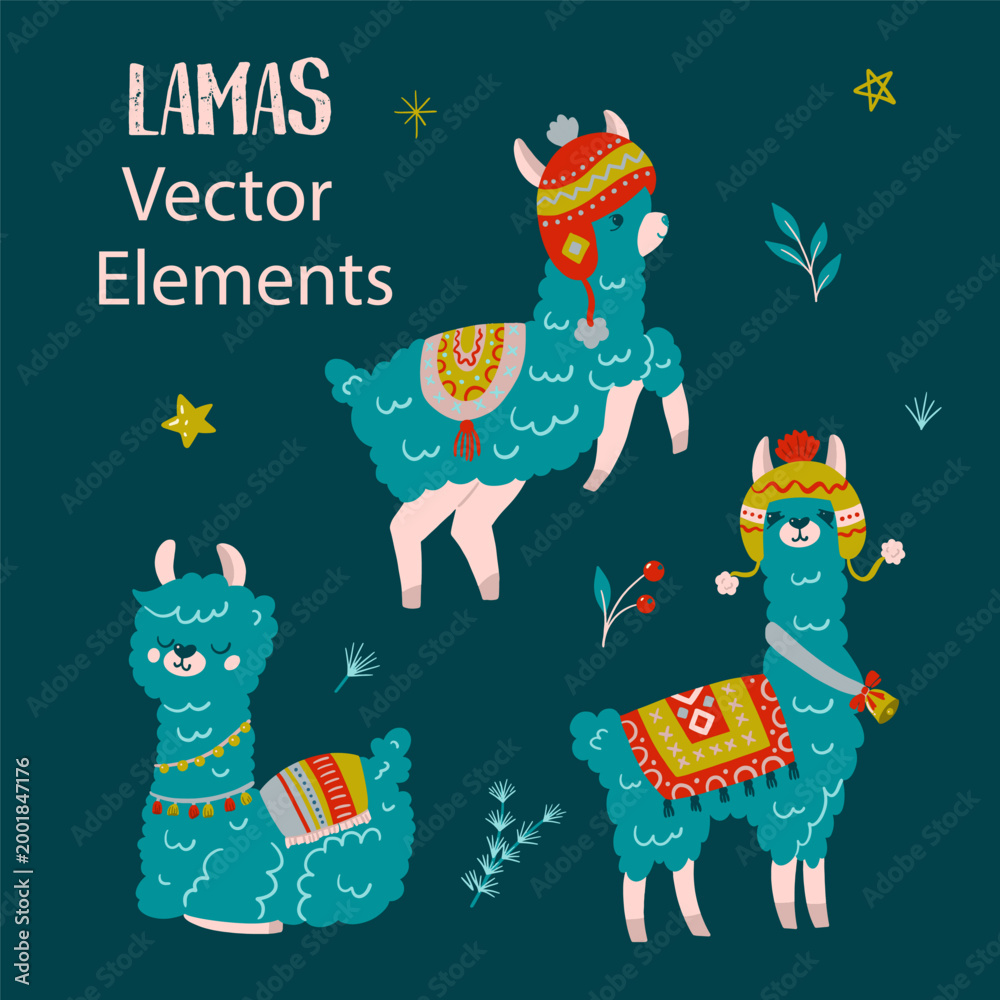 Fototapeta premium Cute Lamas Vector Isolated Elements Set