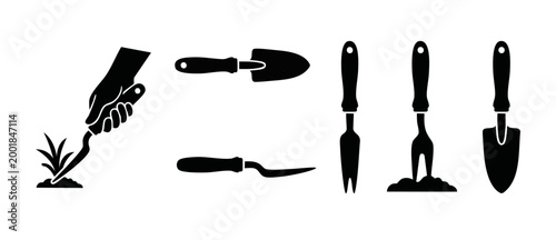 Garden hand trowel tools set, planting shovel and weeding fork icons, black silhouette collection for gardening activity, cultivation equipment and agriculture concept isolated on white background