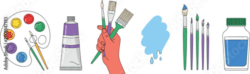 Art Supplies Illustration Set Featuring Paint Palette, Brushes, Paint Tube, Ink, and Tools for Creative and Artistic Designs