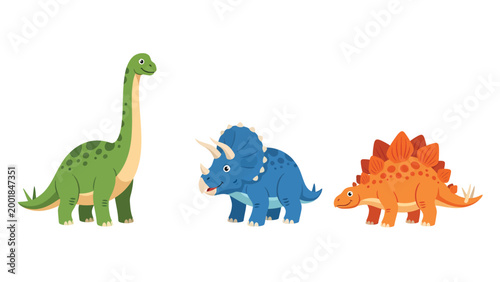 Cute Cartoon Dinosaurs Set: Brachiosaurus, Triceratops, Stegosaurus. Friendly Prehistoric Animal Characters for Kids Design.