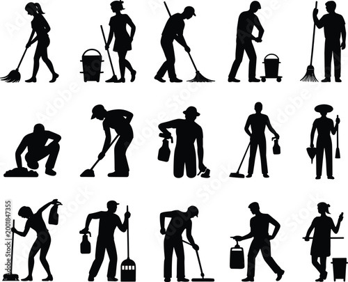 Cleaning service workers silhouettes set with mop broom bucket janitor tools professional housekeeping and maintenance collection