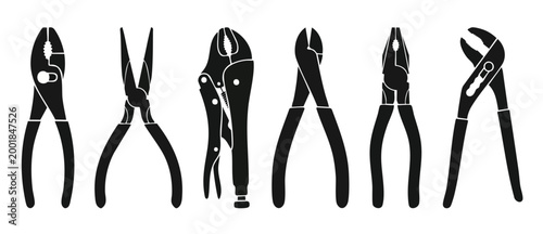 Pliers hand tools silhouette collection, assorted metal gripping and cutting tool set, professional mechanic equipment icons for industrial construction maintenance, flat vector design on white backgr