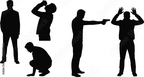 Crime and violence silhouettes set with armed threat surrender and emotional poses isolated on white background for security concepts