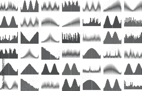 Abstract soundwave collection featuring 42 gray audio frequency waveforms, minimalist digital signal visualization set in vector format. Modern equalizer bars and sonic vibration patterns for