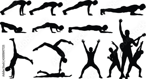 Fitness workout and dance silhouettes set with push up sequence acrobatics and performance poses isolated on white background