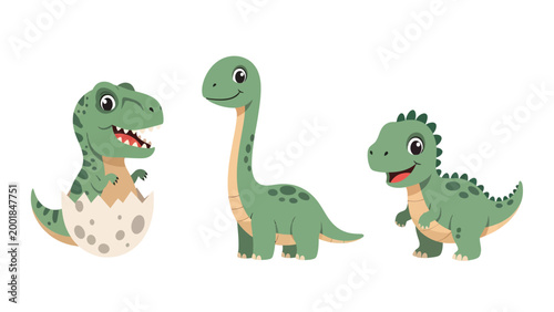 Cute Cartoon Dinosaurs Set: Baby Dino Hatching, Brachiosaurus, and Small Green Character Illustrations