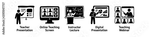 Hand-drawn icon set illustrating online teaching, webinars, and professional presentations. Includes stick figures, digital screens, and lecture concepts for e-learning and business training.