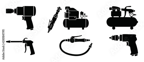 Pneumatic Tools Icon Set Vector, Air Compressor and Industrial Equipment Symbols for Construction and Automotive Repair Shops, Minimalist Black Silhouette Collection for Mechanical Engineering Mainten