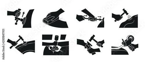 Car Body Repair Icons Set, Auto Mechanic Tools and Paintless Dent Removal Process, Professional Vehicle Collision Maintenance and Surface Restoration Service Symbols, Simple Black Vector Illustration.