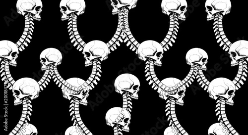 Graphic pattern of skulls with spinal columns on black background design