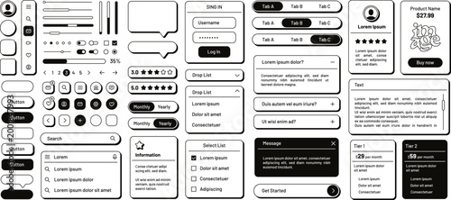 Modern minimalist flat outline web UI elements, buttons, sliders and search bar. Funky retro Y2k line interface panels for mobile app or website, web forms, tabs and dropdown menu templates vector set