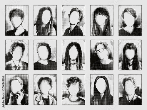 Halftone photo placeholders with faceless portraits for vintage newspaper or wanted banner. Monochrome portrait with blank faces, anonymous person, unknown or missing person photo template vector set