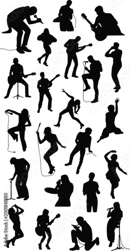 Music band performers and dancers silhouettes set with singers guitarists microphone stage performance entertainment collection