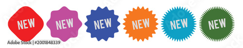 A series of colorful new badges in various shapes and designs are displayed prominently isolated on transparent background