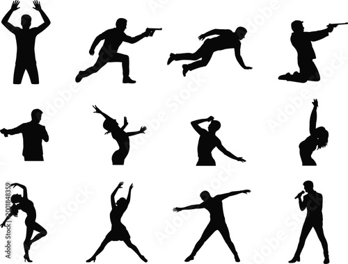 People silhouettes set with action poses dancing performing and dramatic gestures isolated on white background for creative projects