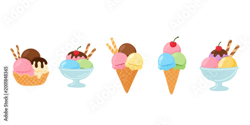 assorted colorful ice cream scoops in cone and dessert cup isolated