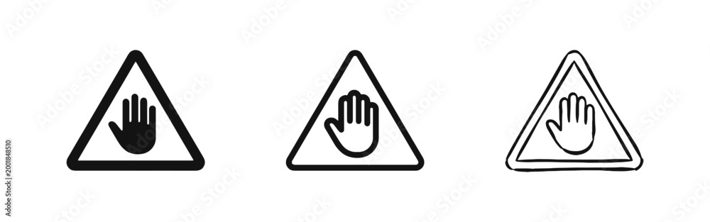 Fototapeta premium Stop Warning Sign with Hand Icon Set in Three Styles - Solid, Outline, and Hand Drawn
