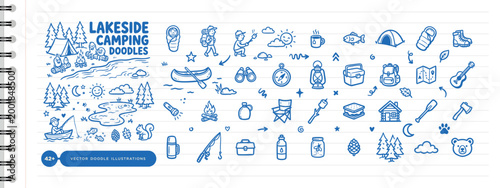 A comprehensive collection of blue ink hand-drawn camping and outdoor adventure doodles including icons for hiking, fishing, and lakeside activities on a lined notebook background.