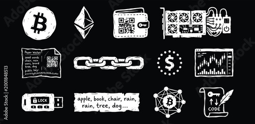 White chalk cryptocurrency and blockchain doodle icons on black background for fintech design