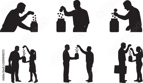Konstfotografi Black Solid Managing Partner Tossing Coin Silhouettes Set of Six on White Backgr