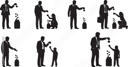 Tableau sur toile Black Solid Managing Partner Tossing Coin Silhouettes Set of Six on White Backgr