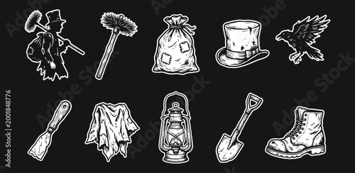 Vintage Victorian chimney sweep illustration set for retro branding and historic storytelling